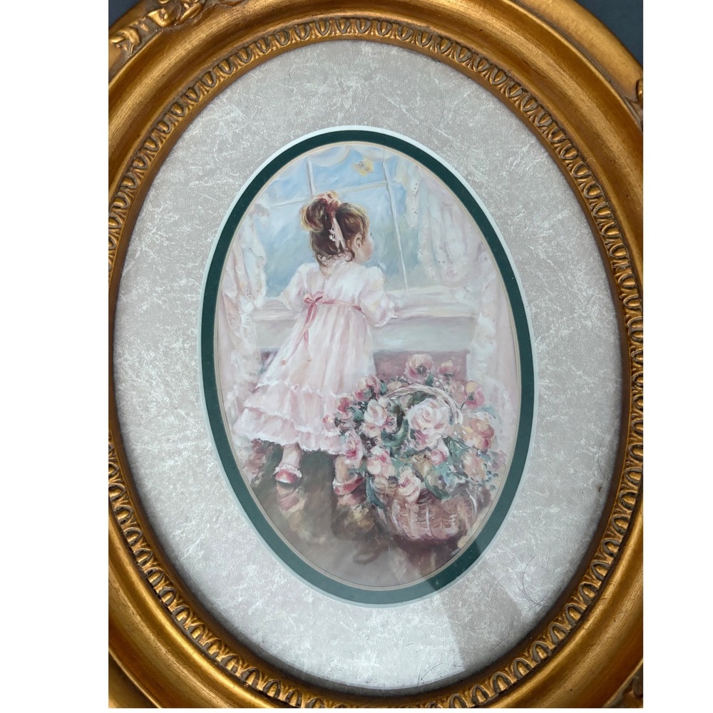 Visser Enterprises Oval Framed Art Print Young Girl with Roses Gold Ornate Frame